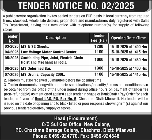 Public Sector Organization Mianwali Tender Notice